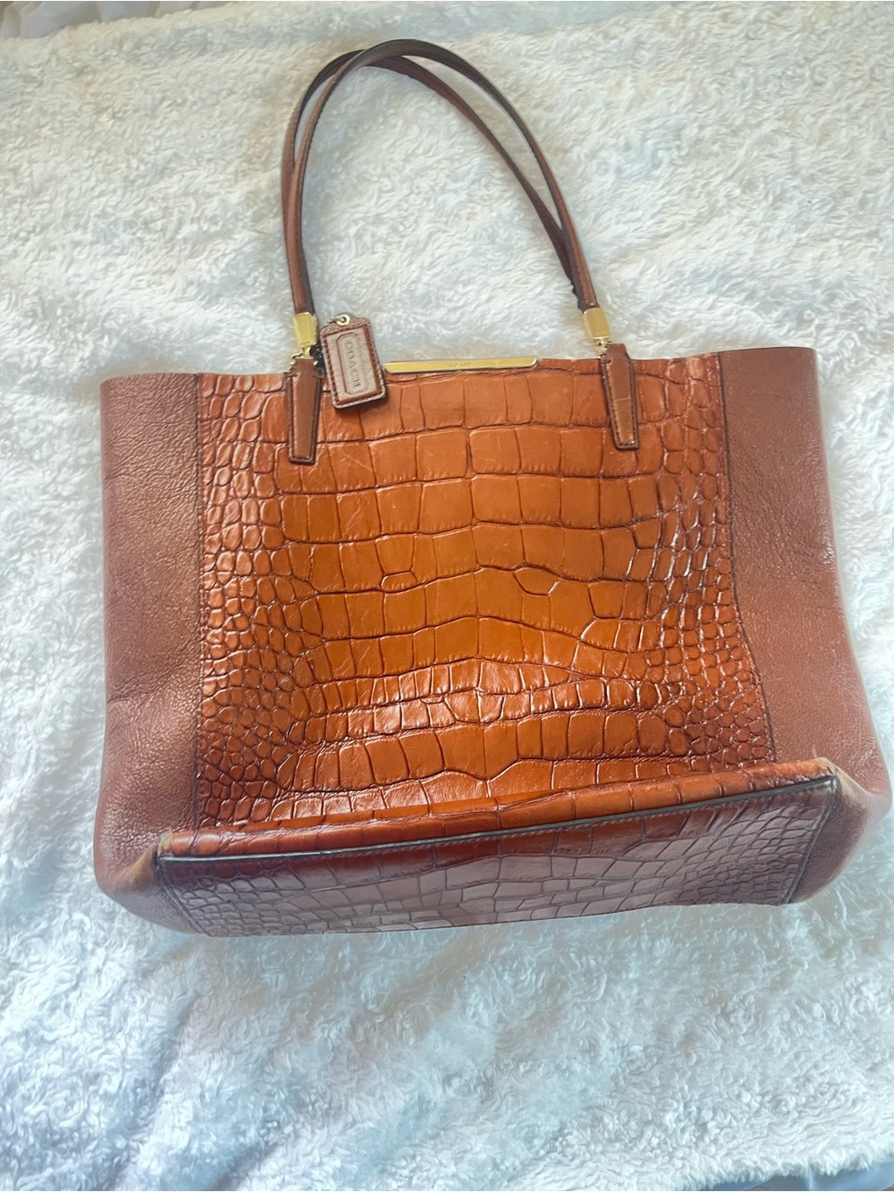 Coach Croc-Embossed Leather Tote in Cognac Brown - Picture 1 of 13